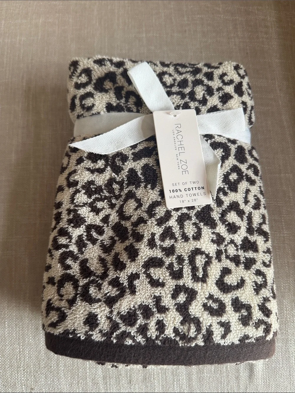 NWT Rachel Zoe Leopard Print Cotton Hand Towels - Cream & Brown (Set of 2)
